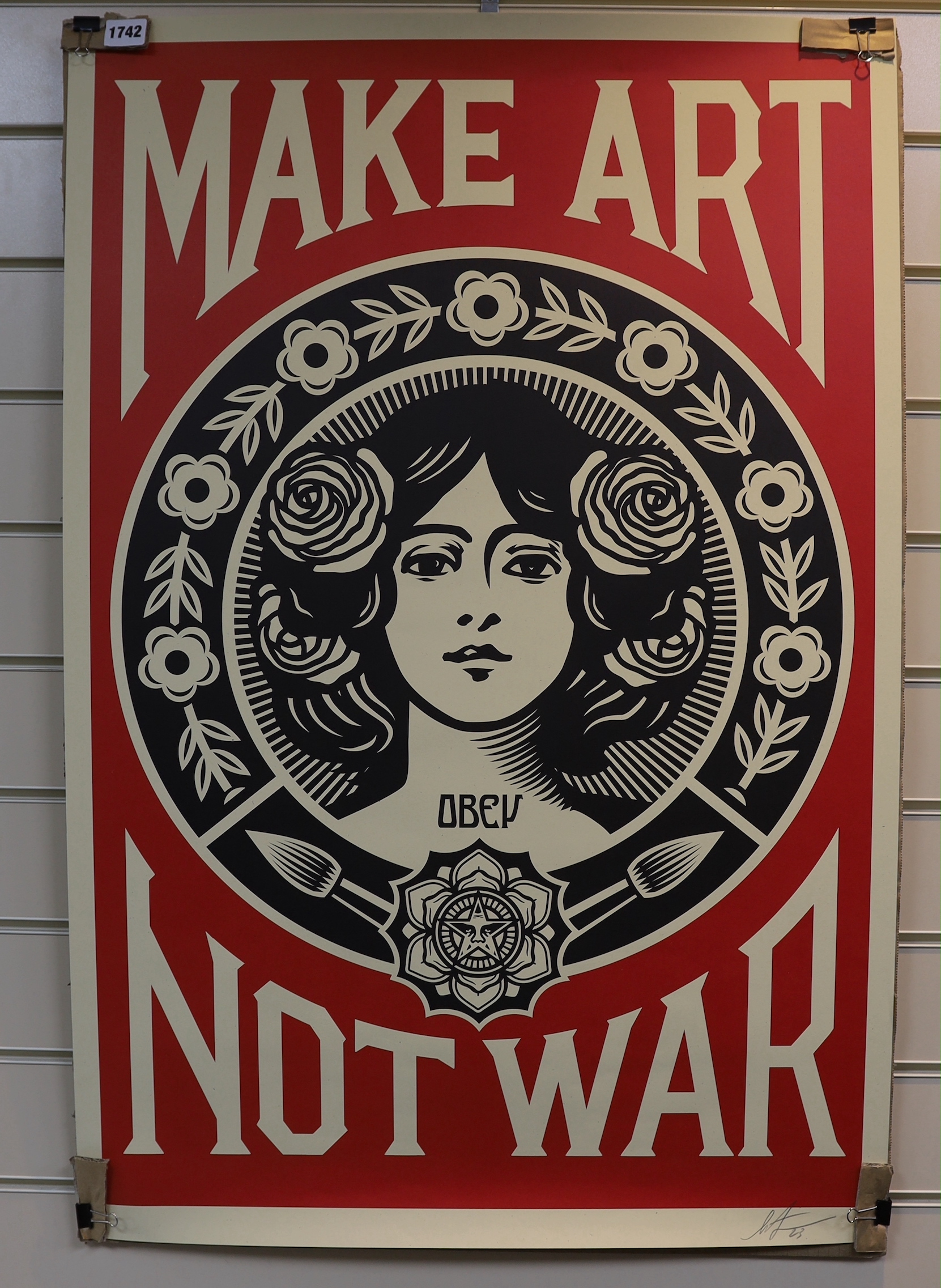 Shepherd Fairey (b.1970), lithograph poster, Make Art Not War, signed in pencil, unframed, 91 x 61cm